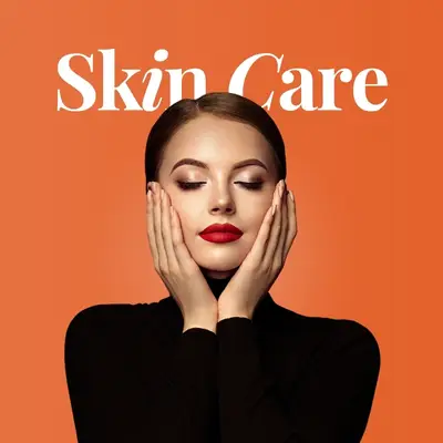 A model is standing with her makeup on. Up above her head text is written ,"Skin care"
